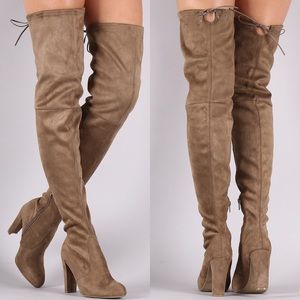 Taupe thigh high heel boots wide width wide calf